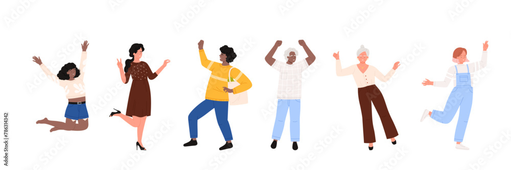 Happy people jump and dance set. Young and old dancers, cheerful male and female characters celebrate with joy, active fun energy poses and motion of adult and kid cartoon vector illustration Happy people jump and dance set. Young and old dancers, cheerful male and female characters celebrate with joy, active fun energy poses and motion of adult and kid cartoon vector illustration