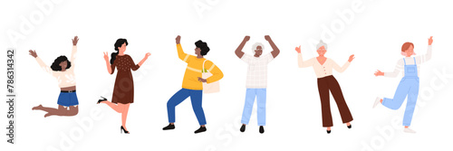 Happy people jump and dance set. Young and old dancers, cheerful male and female characters celebrate with joy, active fun energy poses and motion of adult and kid cartoon vector illustration
