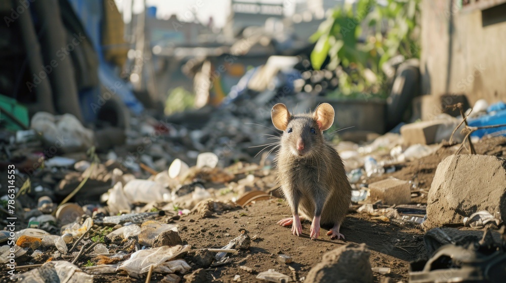 Fototapeta premium Dirty, shaggy, skinny rat ate garbage. Garbage bags on the floor were wet and smelled very bad. reflecting the problem of overflowing garbage in the city