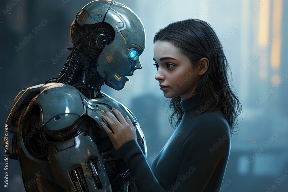 A woman wearing a black top interacting with a futuristic robot in a technological setting. Generative AI A woman wearing a black top interacting with a futuristic robot in a technological setting. Generative AI
