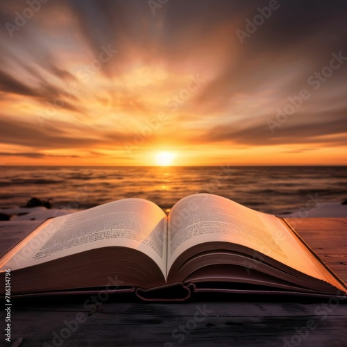 Open book on the beach at sunset. Concept of reading and learning