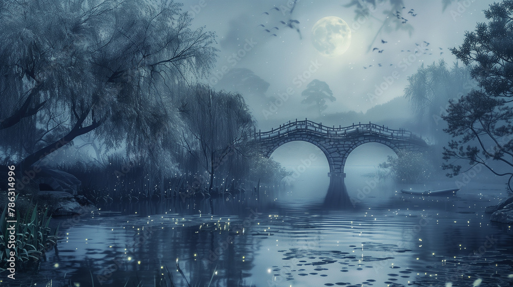  Bridge in Moonlight - obrazy, fototapety, plakaty 