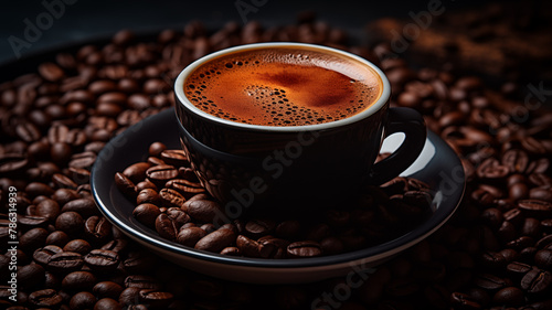 hot coffee with perfect crema and coffee beans on dark background