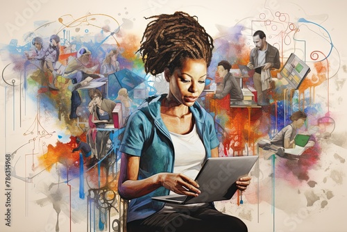 A painting depicting a woman engrossed in using a tablet, showcasing the integration of futuristic technology into everyday life. Generative AI