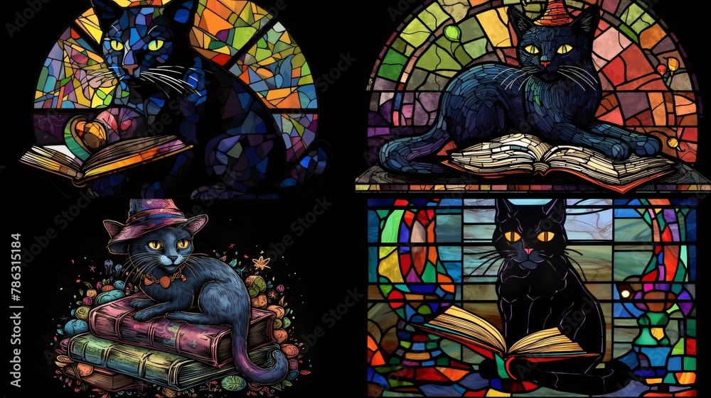 Illustration in stained glass style with black cats and books on a black background