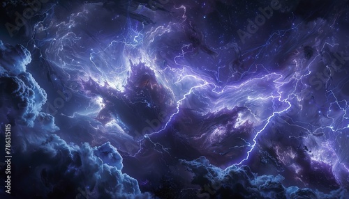 Shades of blue and violet swirl together nebulous cloud, illuminated by crackling lightning bolts photo
