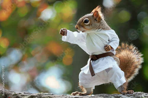 squirrel in a kimono doing karate in the park