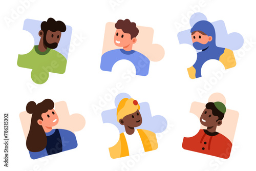 Diversity of employees in company team, success teamwork organization and cooperation. Colleagues of different races and cultures inside puzzle pieces, diverse community cartoon vector illustration
