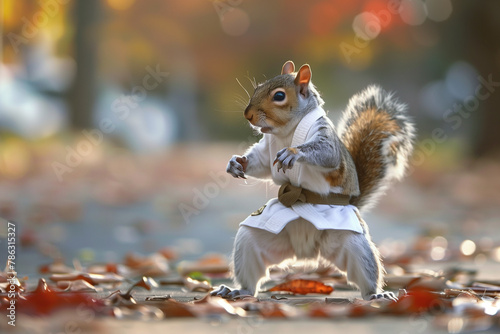 squirrel in a kimono doing karate in the park