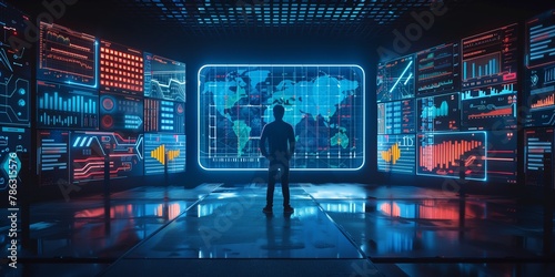 A man stands in front of a computer monitor that displays a map of the world