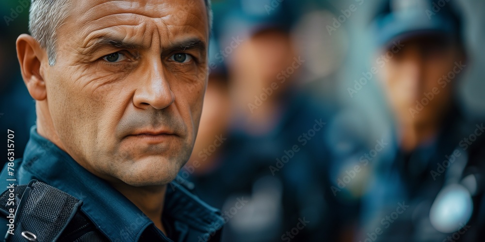 A man with a stern expression stands in front of a group of police officers A man with a stern expression stands in front of a group of police officers