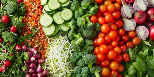 A colorful assortment of vegetables including broccoli, tomatoes, and radishes