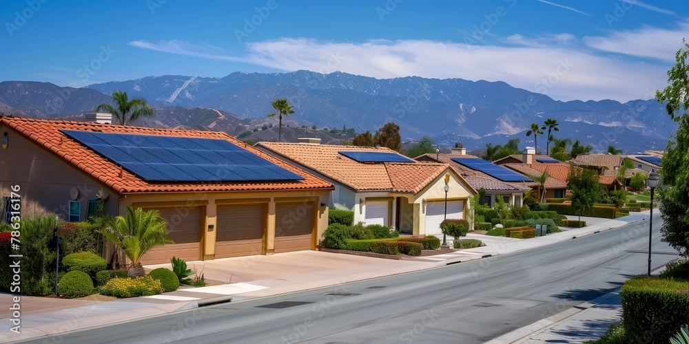 A row of houses with solar panels on the roofs
