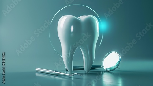 Tooth care poster shows a 3D tooth image with a dental mirror and a shiny protective circle around it. © Suleyman