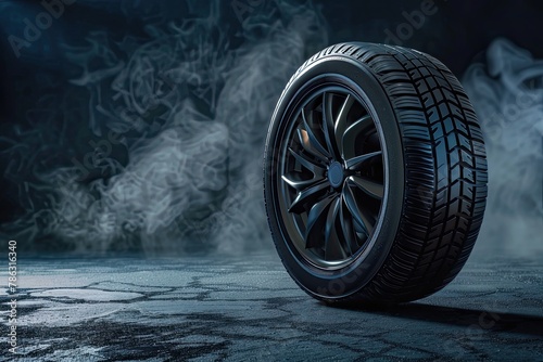 New car tire Road wheel on dark background
