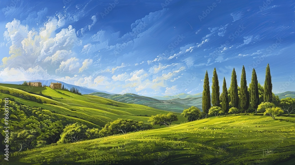 Obraz premium Tranquil Italian countryside painting, featuring rolling hills, lush green grass, and deep blue skies. Pine and cypress trees add a touch of timeless elegance to the serene landscape.