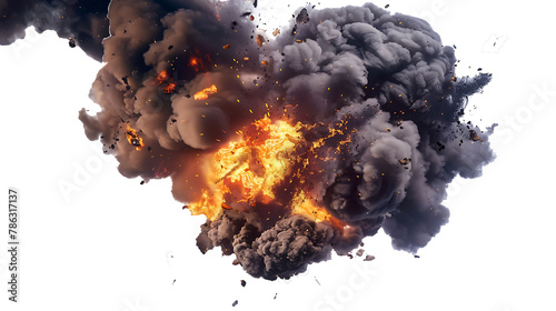large fireball with black smoke. fiery explosion with smoke against isolated transparent background, png. 