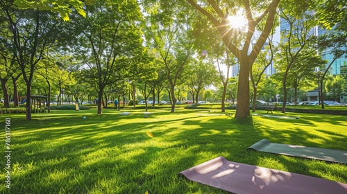 Tranquil city park with yoga mats for fitness and meditation. A lush urban garden with trees and lawn for recreation. Perfect for summer relaxation and outdoor activities.