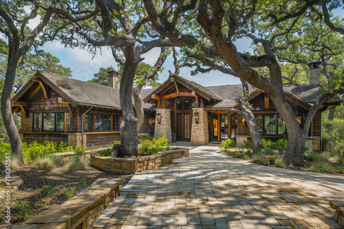 A craftsman style house under the canopy of mature oak trees, its natural stone and wood blending seamlessly with the surrounding landscape.