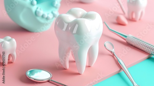 Tooth care poster shows a 3D tooth image with a dental mirror and a shiny protective circle around it. © Suleyman