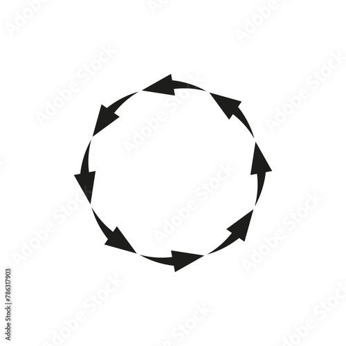 A lot of arrows spinning in circles. Following each other. The arrows rotate and move around the perimeter of the circle. Vector illustration.
