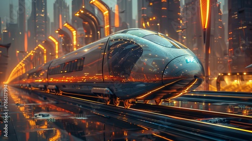 Futuristic high-speed train gliding elegantly through a vibrant  illuminated city