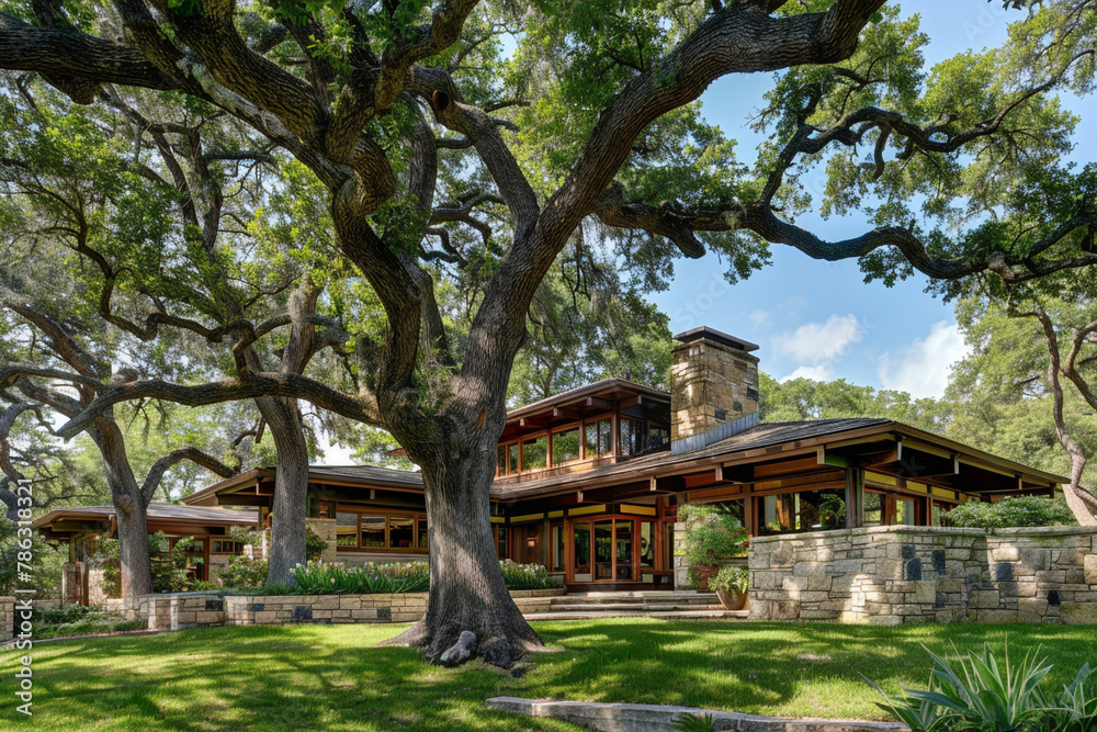 A craftsman style house under the canopy of mature oak trees, its natural stone and wood blending seamlessly with the surrounding landscape. A craftsman style house under the canopy of mature oak trees, its natural stone and wood blending seamlessly with the surrounding landscape.