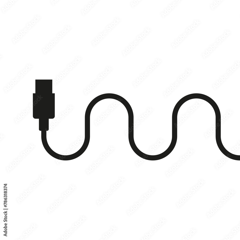 Long usb cable with a curved wire. Isolated vector illustration on white background. 