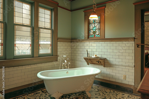 A craftsman style house s elegant bathroom  featuring a clawfoot tub  artisanal tile work  and vintage fixtures  with a stained glass window adding a splash of color.