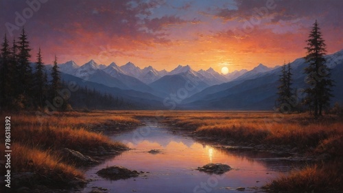 Breathtaking sunset paints sky with warm hues of orange, red, purple over serene landscape. Sun captured at moment it kisses horizon behind range of majestic mountains. Mountains stand tall, proud. © Tamazina