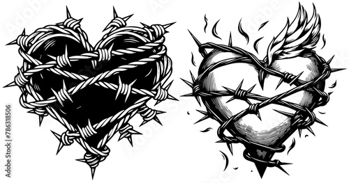 bleeding and suffering heart wrapped in barbed wire, vector black decorative, monochrome laser cutting sketch