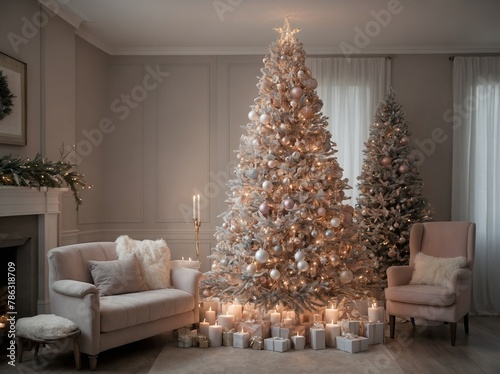 Beautifully decorated christmas tree stands majestically in cozy, elegant living room, its branches adorned with array of sparkling ornaments, twinkling lights that cast warm glow throughout space. © Tamazina