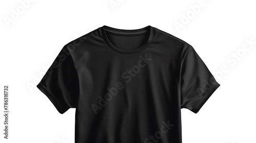 A minimalist image showcasing a basic black t-shirt against a white transparent backdrop, its understated simplicity and sleek silhouette captured in stunning HD detail, offering versatility and sophi