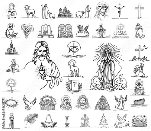 Jesus Christ and Mary, collection of religious icons, hand-drawn characters and objects from the Christian Bible, black doodle vector