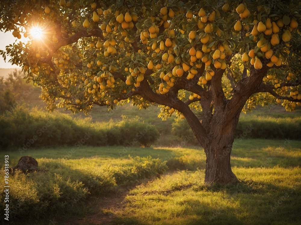 Lush tree, heavily laden with ripe, golden fruits, stands majestically in serene orchard where sun casts its warm, golden rays through branches creating picturesque scene of tranquility, abundance. - obrazy, fototapety, plakaty 