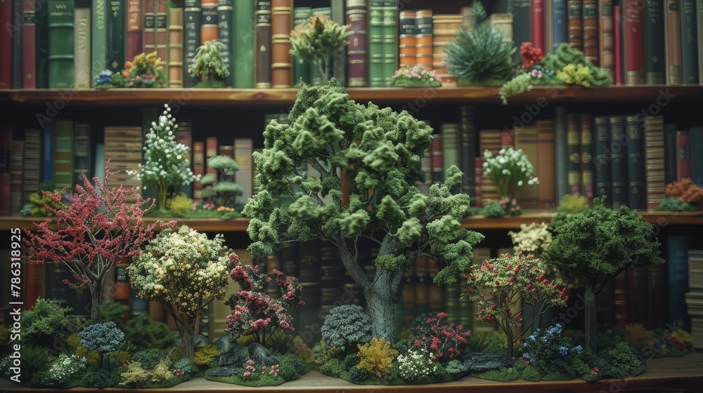 Enchanting miniature landscape nestled among classic bookshelves in a cozy library setting