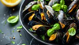 Traditional mediterranean grilled mussels on elegant black plate, a delectable seafood delicacy