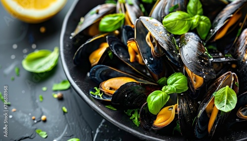 Traditional mediterranean grilled mussels on elegant black plate, a delectable seafood delicacy