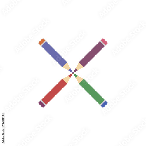 Pencils folded in the shape of a cross. Pencils folded in the shape of a cross. Four colored wooden pencils are folded together in the shape of a cross.