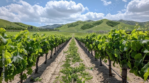 Scenic vineyard with lush grapevines under a vibrant sky, idyllic rural landscape