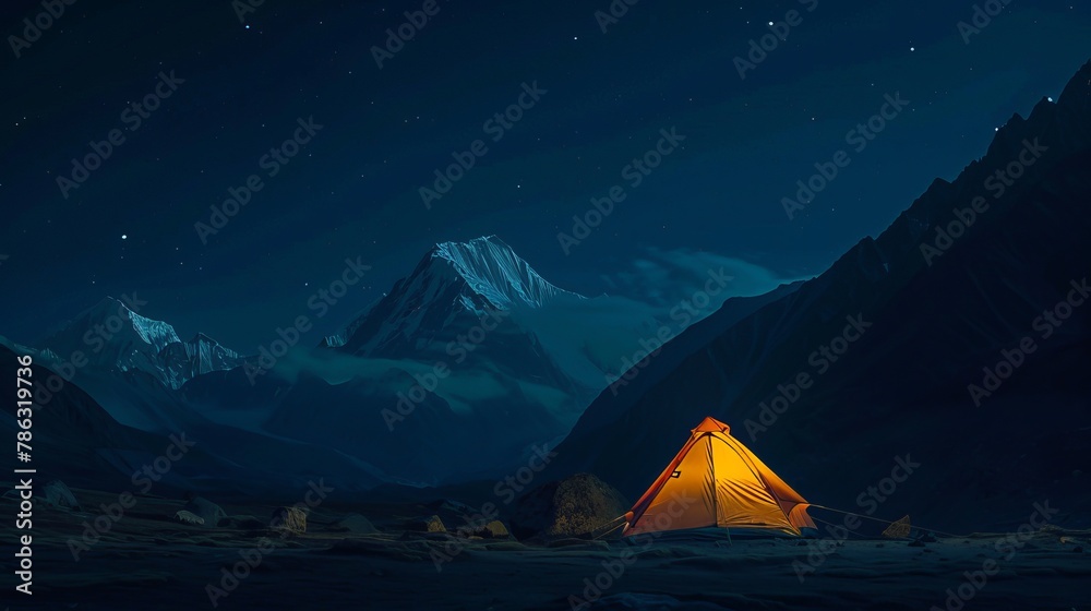 Tent in dark night with backdrop of mountain range.