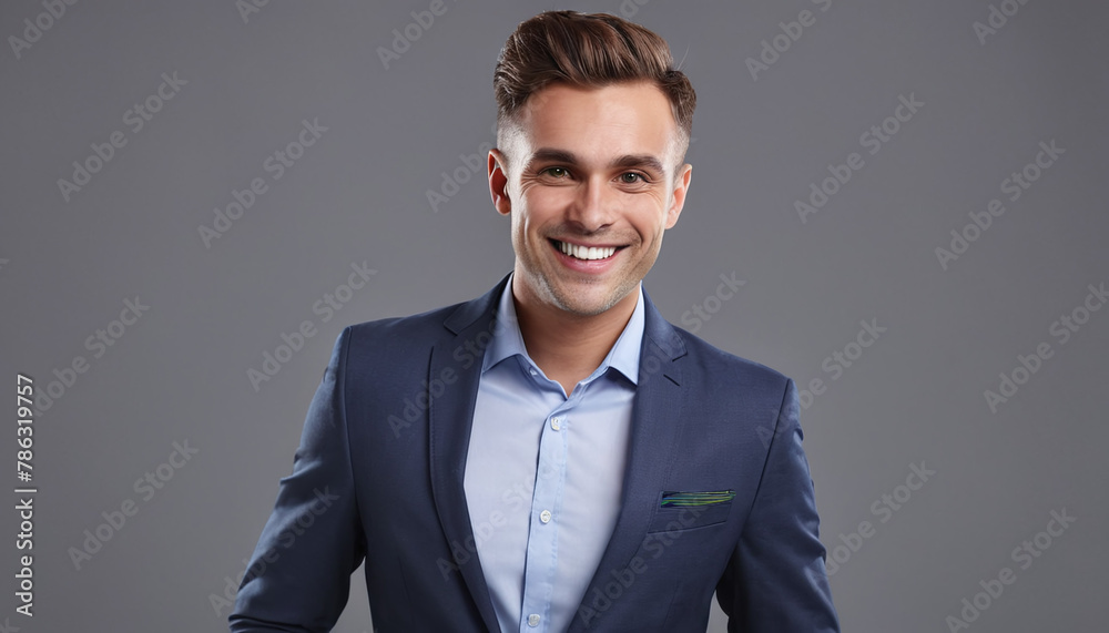 smiling male businessman entrepreneur with_hands in pockets on grey background
