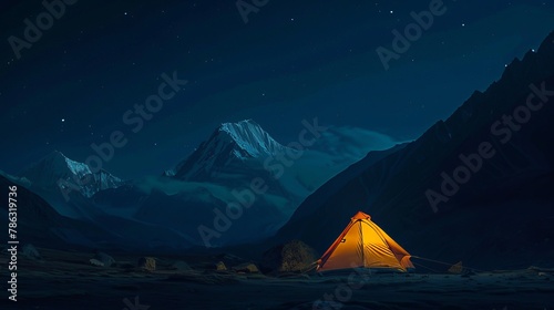 Tent in dark night with backdrop of mountain range.