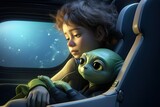 A cute little girl sitting in a airplane seat with an alien. human alien friendship. futuristic friendship concept. Generative AI