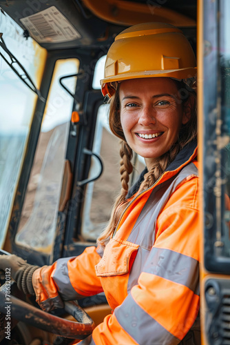 Portrait of smiling female road worker operating excavator photo