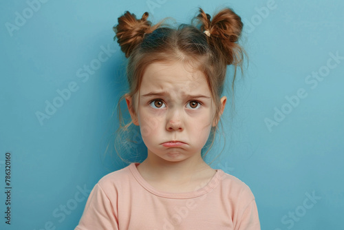 Portrait of sad offended crying little girl child on flat blue color background with copy space, banner template. A sad child makes a grimace