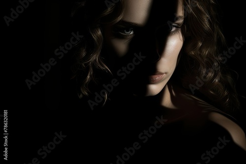 A womans face is illuminated in the dark, highlighting the features and expressions with contrast from the surrounding shadows. Generative AI