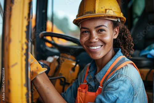 Portrait of smiling female road worker operating excavator photo