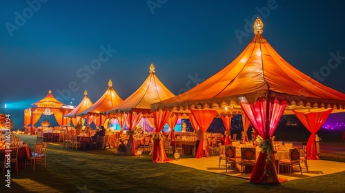 Tents glowed with vibrant hues as the night descended on the wedding celebration.