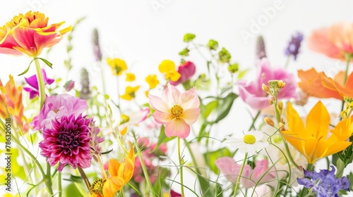 Dreamy Floral Composition in Vibrant Hues on White Background AI Generated.